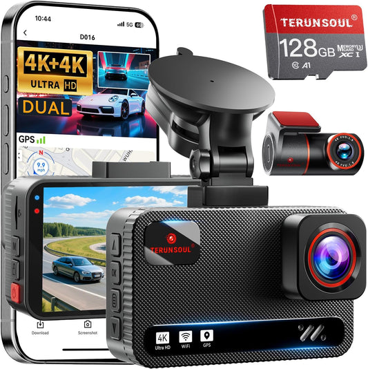 4K+4K Dash Cam Front and Rear, Free 128GB Card Included, 5.8Ghz Wifi Dash Camera for Cars, Built-In GPS, G-Sensor, 170°Wide Angle, 3" IPS Screen, 24H Parking Mode, Support 512GB Max