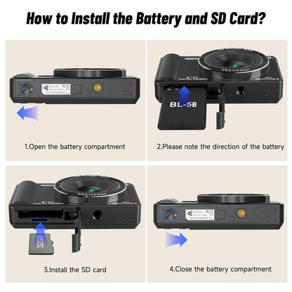 Digital Camera 5K 75MP Dual Camera for Youtube 2.8'' Vlogging Cameras 16X Digital Zoom 32GB Card Mini Cameras for Teens Black