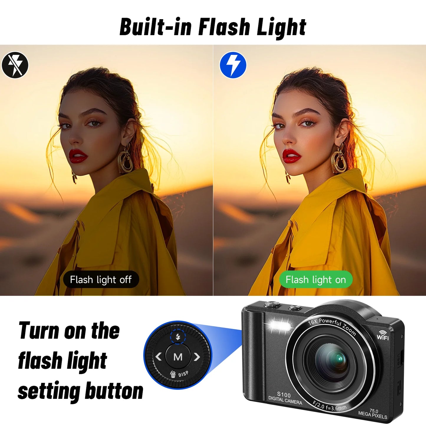 Digital Camera 5K 75MP Dual Camera for Youtube 2.8'' Vlogging Cameras 16X Digital Zoom 32GB Card Mini Cameras for Teens Black